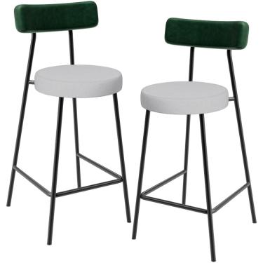 Imagem de Kit 02 Banquetas Baixa Bar Cozinha E Sala De Jantar Milão L02 Facto Verde Linho Cinza - Lyam Decor