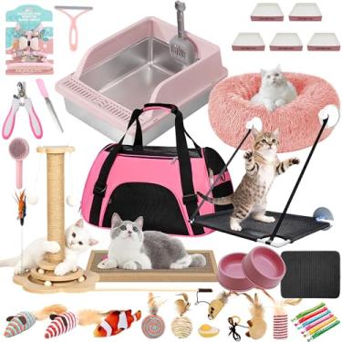 Imagem de Kit de iniciante premium de gatinho 36 peças para gatos internos – Conjunto completo de itens essenciais para gatos com caixa de areia de aço inoxidável, bolsa de transporte, cama, brinquedos, tapete