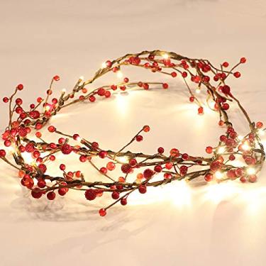 Imagem de Rhytsing Guirlanda pré-iluminada Red Berry Branch com 30 luzes LED, luzes de corda de fadas operadas por bateria com função de temporizador para decoração de manto de Natal para uso interno - 1,5 m