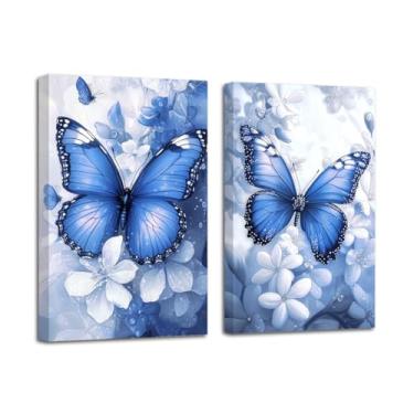 Imagem de LZIMU Conjunto de arte de parede de borboleta com 2 imagens de borboletas, decoração de parede, impressões florais rústicas em tela para quarto de meninas, decoração de berçário, emoldurado (azul, 28