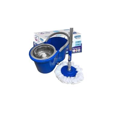 Imagem de Mop Balde Esfregão Giratório com Alça, 8 Litros, Microfibra, Cabo Ajustável 130cm, Sistema de Centrifugação, Cabeça 360 Graus, Cinza e Azul