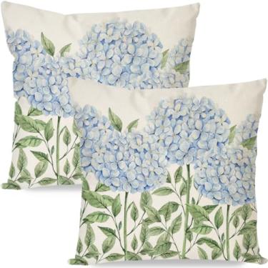 Imagem de PANDICORN Conjunto de 2 capas de almofada de primavera, 50 x 50 cm, flor de hortênsia azul e verde, ao ar livre, verão, fazenda, floral, decorativa, fronhas, fronhas para decoração de sofá, varanda