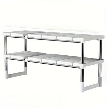Imagem de Organizador Retrátil Sob a Pia com 2 Camadas em Aço Inox e Plástico – Prateleira Ajustável Multiuso para Armário de Cozinha