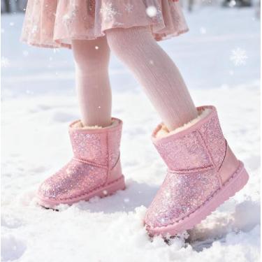 Imagem de Botas de neve infantis com glitter, sapatos quentes de inverno, com lantejoulas, brilhantes, para uso ao ar livre, antiderrapante (bebês/crianças pequenas), rosa, 13.5 Little Kid
