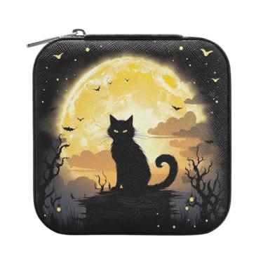 Imagem de Wassud Caixa de joias pequena para viagem de gato preto, mini organizador portátil de couro PU, brincos quadrados de armazenamento, anéis, pulseiras, joias para mulheres, meninas, senhoras, noiva