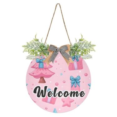 Imagem de YETTASBIN Placa de boas-vindas rosa para árvore de Natal para porta da frente, placa impermeável para pendurar na parede, guirlanda decorativa para inauguração de casa, quintal, jardim, decoração de