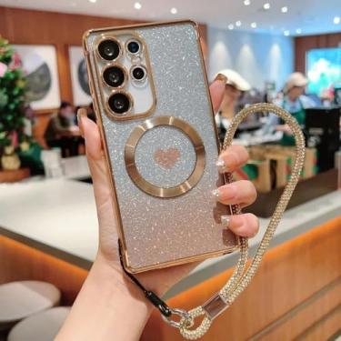 Imagem de Capa para celular com pulseira magnética e revestimento cromado para Samsung Galaxy S24 S23 S21 FE S25 Ultra S22 Plus, com glitter degradê, dourada, para Samsung Galaxy S24+.