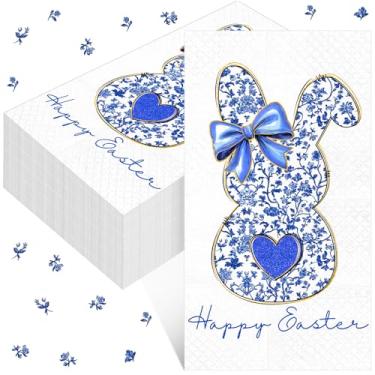 Imagem de Peryiter 100 guardanapos de papel coelhinho branco azul páscoa 33 x 15,7 polegadas retrô coelho flor guardanapos descartáveis chinoiserie coelho jantar toalha de mão para Páscoa, primavera, festa de