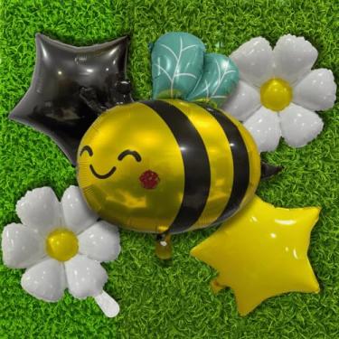Imagem de Kit 5 Balões Metalizados Foil Tema Abelhinha – Flores e Estrelas para Festa Infantil, Chá de Bebê e Aniversário (Abelha Fofa)