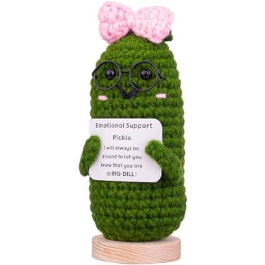 Imagem de CoFuBcad Handcrafted Emotional Support Cucumber Gift, Cute Crochet Potato Knitted Doll Decoration with Front Card Wooden Base for Birthday Gift Home Decoration