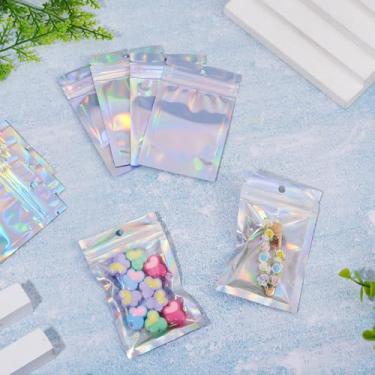Imagem de 60 unidades de sacos de plástico holográfico com fecho de correr 10 x 6 cm a laser glitter cor prata saco selável embalagem resselável com furo pendurado saco de presente para joias berloque berloque