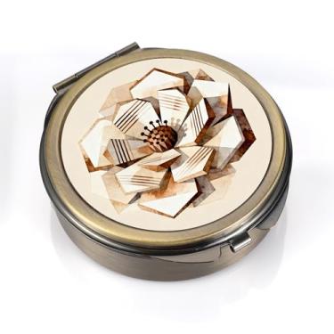 Imagem de Dynippy Caixa de comprimidos com bolso espelhado, 3 compartimentos, organizador de pílulas de vitaminas para bolsa de bolso e viagem (flor de arte retrô redonda)