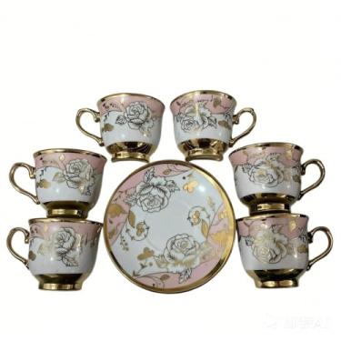 Imagem de Conjunto De Xicaras Com Pires De Cafe Porcelana Kit 12 Pecas Luxo Cerâmica Presente (Modelo-6 (85mL))