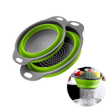 Imagem de Conjunto de 2 coadores dobráveis Emptycolor para cozinha, escorredor redondo pequeno com base e alças para massas, frutas, legumes – Cestas de coador de cozinha que economizam espaço