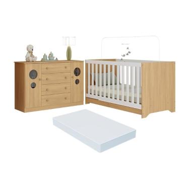 Imagem de Berço Americano 3 Em 1 Com Colchão Incluso E Cômoda 2 Portas 4 Gavetas Pirulito Multimóveis MP4719 Madeirado