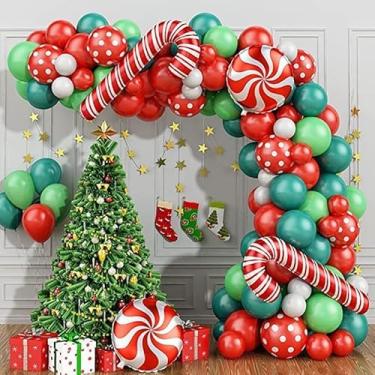 Imagem de Kit de arco de guirlanda de balões de Natal, pacote com 150 balões de Natal com balões vermelhos, verdes e brancos, com balões de bengala doce para decorações de festa de Natal