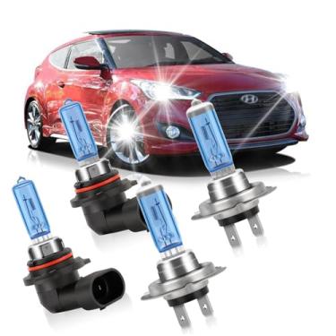 Imagem de KINGSOFE Faróis adequados para Hyundai Veloster 2019-2021, lâmpadas de farol de halogêneo, 9005/HB3/H10 Feixes altos + Feixes baixos H7, luzes frontais brilhantes, Plug and Play, pacote com 4
