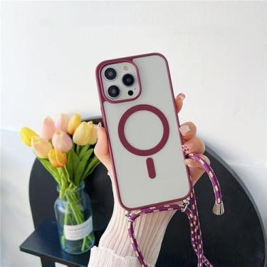 Imagem de Capa transparente com cordão transversal para iPhone 16, 15 Pro Max, 14 e 13, com cordão magnético e carregador sem fio, cor vinho, para iPhone 15 Pro