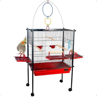 Imagem de Viveiro Grande para Calopsita Papagaio com Rodinhas, Gaiola de Chão com Base Móvel, Bandeja Plástica Higiênica, Vermelho e Preto
