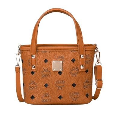 Imagem de Bolsa tiracolo feminina com estampa vintage - Bolsa de couro PU leve com ferragens destacáveis, bolsa de ombro único portátil de 3 vias, bolsa espaçosa para uso diário (marrom claro)