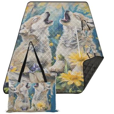 Imagem de TSENQUE Wolf Cubs Howling Painting Cobertor de praia sem areia impermeável, tapete de brincar ao ar livre para grama, cobertor de piquenique fofo, 203 x 152 cm