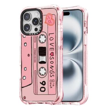 Imagem de Rosarnnah Capa fofa para iPhone 15 Pro Max - Capa de telefone à prova de choque com proteção contra quedas de grau militar de 6 m - Design engraçado de fita cassete (6,9 cm) rosa brilhante