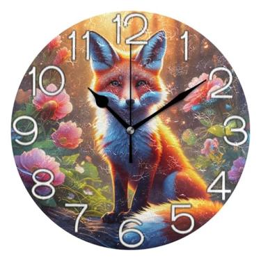Imagem de GAIGEO Relógio de parede analógico decorativo operado por bateria relógio de escritório cozinha, arte de parede boho decoração de casa animal raposa fofo, 25 cm, ponteiros pretos