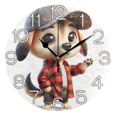 Imagem de GAIGEO Relógio de parede analógico decorativo relógio de cozinha rústico redondo sem tique-taque silencioso, arte de parede moderna legal decoração de casa, desenho animado bege de cachorro fofo, 25