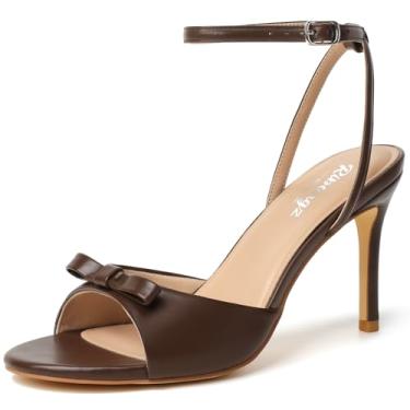 Imagem de RIBONGZ Sandálias femininas de salto alto, bico redondo, bico aberto, sexy, gatinha, salto agulha, tira no tornozelo, sapatos de noiva com laço, verão, festa de casamento, casual, escritório, trabalho