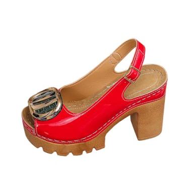 Imagem de Sandálias femininas de verão sólidas com boca de peixe salto alto PU plataforma casual confortável, Vermelho, 39