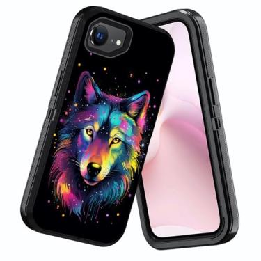 Imagem de DEHJYYIJUY Capa projetada para iPhone 16e, à prova de choque, à prova de poeira/queda, 3 camadas, resistente, capa protetora robusta para iPhone 16e 6,1 polegadas 2025, lobo colorido