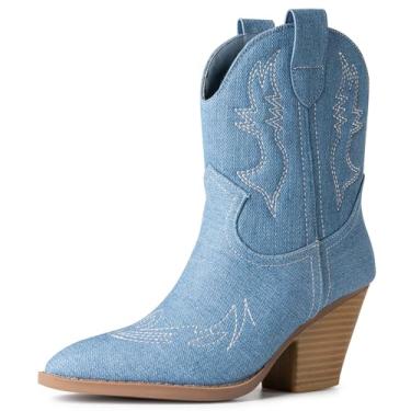 Imagem de Trary Botas de cowboy femininas Western Cowgirl, bico fino, salto baixo, sem fecho, moda, caubói, country, concerto, botas de caminhada para mulheres, Jeans azul, 7