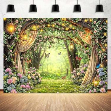 Imagem de 3 x 2,4 m, cenário de floresta encantada, com glitter, conto de fadas, jardim, floresta, borboleta, flor, fotografia, fundo, primavera, chá de bebê, decorações de aniversário, banner, mesa de bolo