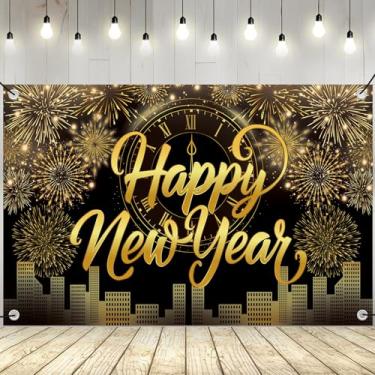 Imagem de YQUQWN Faixa de Feliz Ano Novo Decoração de Festa de Ano Novo 182 x 111 centímetros com padrão dourado de fogos de artifício para decoração de festa de ano novo de 2026, adereços de foto