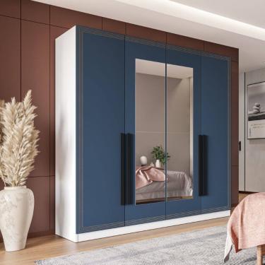 Imagem de Guarda Roupa Roupeiro 4 portas 4 gavetas com Espelho Valência Branco Azul Politorno Móveis