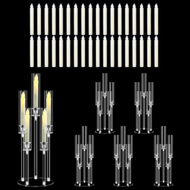 Imagem de Conjunto de 6 peças centrais de candelabro de acrílico com 5 braços para decorações de mesa de casamento, suporte de castiçais transparentes com sombra acrílica para o dia dos namorados, jantar