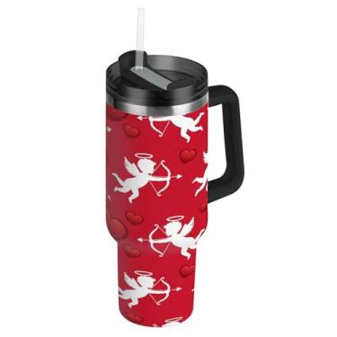 Imagem de ATTX Copo de 1,134 g Valentine Angel com alça, copo de aço inoxidável a vácuo de parede dupla com palha, caneca de café de viagem isolada #77