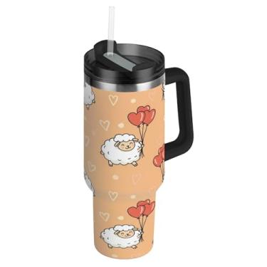 Imagem de ATTX Copo de ovelha de desenho animado de 1,134 g com alça, copo de aço inoxidável a vácuo de parede dupla com palha, caneca de café de viagem isolada #83