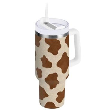 Imagem de SEHANY Copo de vaca marrom e branco de 1,134 g com alça, copos isolados de aço inoxidável a vácuo de parede dupla à prova de vazamento, copo de viagem isolado cabe no suporte de copo de carro