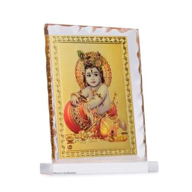 Imagem de DHRUVS COLLECTION Moldura dourada Baal Gopal, Makhanchor Idol acrílico corte diamante para decoração de casa, painel de carro, mesa de escritório, Pooja, templo, local de trabalho, presente de