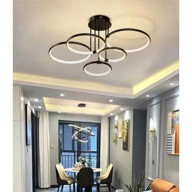 Imagem de Luminária de teto LED moderna com 5 anéis, dimerizável, preta, para sala de estar, quarto, escritório ou sala de jantar. 100W. Ideal para corredores, salas de estar, quartos, escritórios e s