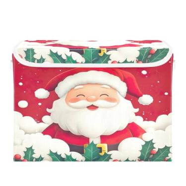 Imagem de SEHANY Linda caixa de armazenamento de Papai Noel de Natal com tampas e alças, organizador de cestas de armazenamento de tecido dobrável, caixas de armazenamento de cubos grandes para roupas, cobertor