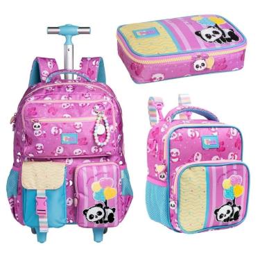 Imagem de Kit Mochila Com Carrinho alça nas costas com Lancheira e Estojo Box Panda-Unissex