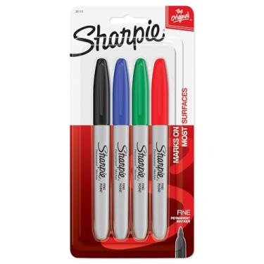 Imagem de Marcadores permanentes de ponta fina Sharpie com 4 unidades, vermelho, azul, preto, verde