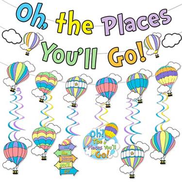 Imagem de Oh The Places You'll Go Decorations Kindergarten Graduation Party Decoration Oh The Places You'll Go Banner for Colorful Dr. Seuss Party Decoration First Birthday Banner Decoration for Baby Shower