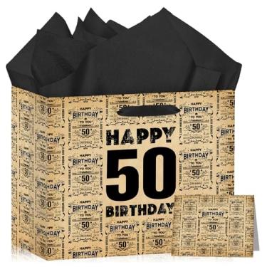 Imagem de Saco de presente vintage de 50º aniversário, grande, preto, marrom, 50 anos, saco de papel de embrulho com alça, cartão de felicitações, design kraft de luxo para homens e mulheres, artigos de festa