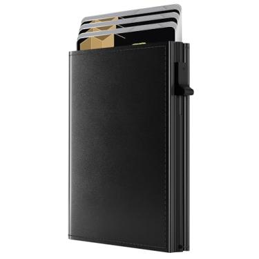 Imagem de Carteira fina com três dobras – antifurto, minimalista, couro premium, 9 a 11 compartimentos para cartão, janela para identidade, compartimento para dinheiro, Preto, Carteiras