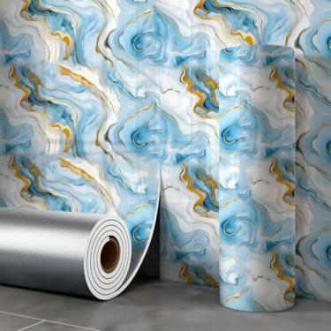 Imagem de Papel de parede dourado imitação de azulejo de cerâmica efeito de mármore autoadesivo à prova d'água para paredes de cozinha e banheiro azul e branco dourado 40 * 300 cm