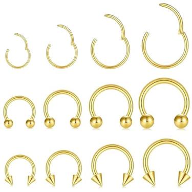 Imagem de KREZIP 12 peças 16G segmento articulado anéis de septo aço cirúrgico ferradura piercing anéis sobrancelha lábio cartilagem helix tragus brincos piercing joias para mulheres homens 6/8/10/12 mm ouro