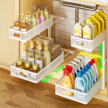 Imagem de Organizador sob a pia pacote com 2, prateleira de armário de metal com 2 camadas com gavetas de malha deslizantes, altura ajustável, prateleiras de armazenamento embaixo da pia para cozinha, banheiro